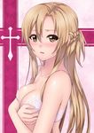  asuna_(sao) bare_shoulders blush bra braid breast_hold breasts brown_eyes brown_hair cleavage collarbone highres kai_(link2262) lace lace_bra lingerie long_hair looking_at_viewer medium_breasts parted_lips pink_bra shiny shiny_skin solo sword_art_online underwear upper_body 