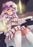  bespectacled book glasses hat long_hair looking_at_viewer nanahara_fuyuki patchouli_knowledge purple_eyes purple_hair semi-rimless_eyewear sitting sketch solo touhou under-rim_eyewear 