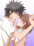  1girl after_kiss bad_id bad_pixiv_id blush couple hetero hiro_(hirohiro31) kamijou_touma misaka_mikoto saliva saliva_trail school_uniform to_aru_kagaku_no_railgun to_aru_majutsu_no_index 