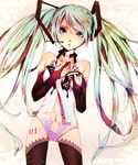  aqua_eyes bare_shoulders bridal_gauntlets bug butterfly center_opening choker green_hair hands_on_own_chest hatsune_miku hatsune_miku_(append) headset insect lace lace-trimmed_thighhighs long_hair navel necktie raiji_(riz00) solo thighhighs twintails very_long_hair vocaloid vocaloid_append 
