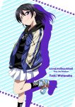  1girl black_hair black_legwear blue_footwear character_name copyright_name english_text eyebrows_visible_through_hair hands_in_pockets highres hood hooded_jacket jacket looking_at_viewer love_live! love_live!_sunshine!! love_live!_sunshine!!_the_school_idol_movie_over_the_rainbow miniskirt purple_eyes shiny shiny_hair short_hair skirt solo spoilers star starry_background striped striped_background watanabe_tsuki windart 
