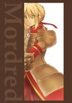  a-tsuki armor armored_dress bad_id bad_pixiv_id banned_artist blonde_hair character_name dress fate/stay_night fate_(series) gauntlets hair_bun hair_ribbon mordred_(fate) mordred_(fate)_(all) ribbon solo 