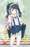  backpack bag black_hair cropped_legs front-print_panties hachikuji_mayoi hairband hourainingyou long_hair monogatari_(series) nisemonogatari panties print_panties red_eyes school_uniform skirt skirt_lift solo star twintails underwear white_panties 