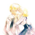  1girl ahoge arnoul artoria_pendragon_(all) bad_id bad_pixiv_id blonde_hair bow closed_eyes dress fate/stay_night fate_(series) gilgamesh hair_bun hair_ribbon hetero kiss red_eyes ribbon saber 