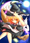  absurdres blonde_hair braid broom broom_riding hat highres kirisame_marisa long_hair moon sidesaddle single_braid solo star touhou wakagi_repa witch_hat yellow_eyes 