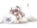  :&lt; animal bare_shoulders blue_eyes bow child closed_eyes dress hair_bow highres looking_at_viewer looking_back nicole_pmonachi no_nose original seal sleeping sleeveless text_focus two_side_up white white_background white_dress white_hair 
