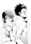  ahoge androgynous bad_id bad_pixiv_id blush casual coat fate/zero fate_(series) greyscale lancer_(fate/zero) male_focus mole mole_under_eye monochrome multiple_boys scarf snot usui_ryuu waver_velvet white_background 