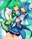  akishima_kei aoki_reika bad_id bad_pixiv_id bike_shorts blue_eyes blue_hair blue_skirt cure_beauty cure_march dress green_eyes green_hair green_shorts green_skirt head_wings holding_hands long_hair looking_at_viewer magical_girl midorikawa_nao multiple_girls one_eye_closed open_mouth ponytail precure shorts shorts_under_skirt skirt smile smile_precure! tiara 