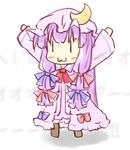 :3 bow chibi crescent dress hair_bow hat long_hair natsuki_(silent_selena) outstretched_arms patchouli_knowledge purple_hair solo standing touhou |_| 
