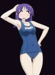  ^_^ armpits bare_arms bare_shoulders chestnut_mouth collarbone covered_navel hand_on_hip happy hinata_yukari legs looking_at_viewer medium_breasts mound_of_venus name_tag school_swimsuit simple_background swimsuits tomboy yuyushiki 