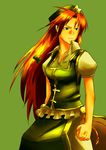  absurdres arms_at_sides bell beret bow braid breasts clenched_hand collared_shirt frilled_shirt frills frown green_background green_eyes green_skirt green_vest hair_bow hat highres hong_meiling long_hair long_skirt looking_to_the_side medium_breasts nimicho pants pointy_ears red_hair ribbon serious shiny shiny_hair shirt simple_background skirt solo standing star touhou twin_braids very_long_hair vest white_shirt 