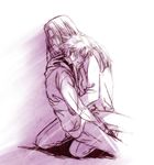  berserker_(fate/zero) closed_eyes fate/zero fate_(series) hood hoodie injury lancelot_(fate/zero) long_hair male_focus matou_kariya mizuno_kagari monochrome multiple_boys purple 