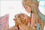  1boy 1girl bare_shoulders brown_hair eyes_closed green_hair hug kid_icarus palutena pit pit_(kid_icarus) pixiv_thumbnail resized wings 