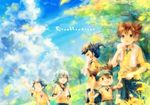  bad_id bad_pixiv_id blue_eyes blue_hair blue_sky bottle brown_eyes brown_hair day green_hair highres inazuma_eleven_(series) inazuma_eleven_go kageyama_hikaru kariya_masaki matsukaze_tenma multiple_boys nature nishizono_shinsuke onineko open_mouth purple_hair scenery short_hair sky smile soccer_uniform sportswear towel tsurugi_kyousuke water_bottle 