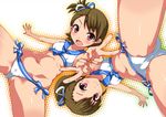  bikini blush brown_hair foreshortening from_below futami_ami futami_mami idolmaster idolmaster_(classic) imazon looking_at_viewer multiple_girls navel open_mouth pink_eyes sailor_bikini sailor_collar sailor_swimsuit_(idolmaster) short_hair siblings side-tie_bikini side_ponytail sisters smile spread_legs swimsuit twins v 