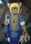  blonde_hair blue_eyes breasts cat cleavage clothed clothing dog_tags drill feline female gun hair helmet instructor invalid_tag looking_at_viewer m&#039;rava m'rava mammal match mech mechanical military navy officer pistol ranged_weapon solo standing teeth training uniform unzipped war weapon 
