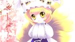  blonde_hair blush chibi fox_tail hands_in_opposite_sleeves hat highres multiple_tails short_hair solo tail touhou yakumo_ran yellow_eyes yume_shokunin 