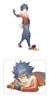  bad_id bad_pixiv_id banana_peel blood blue_eyes blue_hair fingerless_gloves gloves highres hue_(pokemon) kokutan_kitsunen male_focus nosebleed pokemon pokemon_(game) pokemon_bw2 pouch tears thumbs_up 