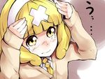 bad_id bad_pixiv_id bandages blonde_hair blush cardigan hairband hands_on_own_head kise_yayoi looking_up precure short_hair smile_precure! solo sweater tears translated white_hairband yellow_eyes ytk_(yutta-p) 