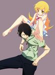  1girl araragi_koyomi barefoot black_hair blonde_hair blush bracelet carrying casual dress feet grey_background hair_over_one_eye highres jewelry legs long_hair long_legs monogatari_(series) nisemonogatari oshino_shinobu shoulder_carry soles tanabe_kyou yellow_eyes 