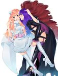  boots coat dual_persona high_heels macross macross_frontier macross_frontier:_itsuwari_no_utahime multiple_girls orange_hair purple_hair scarf segami sheryl_nome shoes thigh_boots thighhighs 