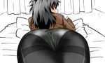  ass ass_focus black_hair blush close-up long_hair looking_back lying no_pants on_bed on_stomach original panties panties_under_pantyhose pantyhose pillow red_eyes sagirin_(tamarin) solo tamarin_(mikezo) thighband_pantyhose trefoil underwear white_panties 