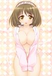  :o blush bottomless breasts brown_eyes brown_hair cleavage covering covering_crotch hairband headset hood hoodie idolmaster idolmaster_cinderella_girls kanraku large_breasts mimura_kanako naked_hoodie navel no_bra open_clothes open_mouth short_hair sleeves_past_wrists solo unzipped 
