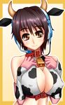  animal_ears animal_print bell bell_collar black_hair blush breasts brown_eyes buckle cleavage collar covered_nipples cow_bell cow_ears cow_horns cow_print elbow_gloves fumizuki_homura gloves headset highres horns idolmaster idolmaster_cinderella_girls large_breasts oikawa_shizuku short_hair smile solo 