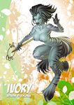  anthro black black_hair black_nipples bokuman breasts equine female fluffy_tail fur grey grey_fur grin hair hooves horse looking_at_viewer mammal navel nipples nude polearm pose short_hair solo staff standing stripes thighs voluptuous white yellow_eyes zebra 