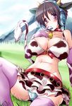  animal_ears animal_print bell bell_collar blush breasts brown_eyes brown_hair collar cow_bell cow_ears cow_horns cow_print cow_tail elbow_gloves finger_to_mouth gloves headset highres horns idolmaster idolmaster_cinderella_girls large_breasts natsu_(anta_tte_hitoha) oikawa_shizuku open_mouth short_hair sitting solo tail 