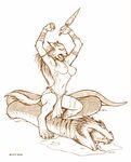  armband arms_above_head blood braid breasts canine claws dagger death duo ear_piercing extro fangs female hands killing loincloth mammal monochrome navel nipples open_mouth piercing reptile scalie snake weapon were werewolf wounded 