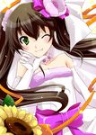  brown_hair dress elbow_gloves flower gloves green_eyes huang_lingyin infinite_stratos long_hair one_eye_closed solo sunflower twintails wedding_dress yamaki_suzu 