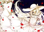  bandage_over_one_eye choma crossdressing dies_irae dress frills gloves green_eyes hair_over_one_eye hat lolita_fashion long_hair male_focus pale_skin petals ribbon rose_petals simple_background smile solo very_long_hair white_dress white_hair wolfgang_schreiber 