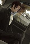  ahoge austria_(hetalia) axis_powers_hetalia brandenburg_gate brooch brown_hair car car_interior cravat crossed_legs formal glasses ground_vehicle jewelry landmark male_focus motor_vehicle purple_eyes reflection semillon sitting solo suit window 