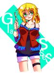  adapted_costume bare_shoulders bespectacled blonde_hair breasts cleavage gin_(shioyude) glasses green_eyes medium_breasts mizuhashi_parsee open_mouth pointy_ears shorts smile solo thigh_strap touhou 