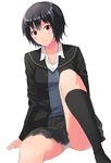  amagami black_hair black_jacket black_legwear black_skirt blazer blue_sweater blush brown_eyes jacket kibito_high_school_uniform long_sleeves looking_at_viewer nanasaki_ai nishikawa_ari panties pantyshot pantyshot_(sitting) pleated_skirt school_uniform shirt short_hair sitting skirt smile socks solo sweater underwear white_background white_panties white_shirt 