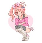  altorealize antenna_hair bare_shoulders black_legwear boots bow gem hair_bow hair_ornament heart heart_hair_ornament jewelpet_(series) jewelpet_kira_deco! knee_boots oomiya_pink pink_eyes pink_hair side_ponytail skirt solo squatting thighhighs 