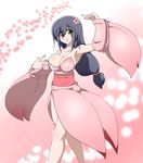 armpits bad_id bad_pixiv_id bare_shoulders black_hair breasts bursting_breasts cleavage dancing detached_sleeves flower hair_ornament highres japanese_clothes kaz_(shade) large_breasts legs long_hair skirt solo standing yellow_eyes 