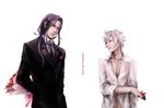  berserker_(fate/zero) bouquet fate/zero fate_(series) flower formal gift jldescs65 lancelot_(fate/zero) long_hair male_focus matou_kariya multiple_boys necktie purple_hair simple_background suit white_background white_hair 