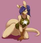  amber_eyes anthro bent_over black_nose bottomless breasts clothed clothing female hair hair_over_eye half-dressed kangaroo long_hair looking_at_viewer mammal marsupial nicroze pink_background pinup plain_background ponytail pose purple_hair seductive shirt skimpy solo tank_top thick_tail thighs 