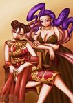  ahoge alternate_costume breasts brown_hair china_dress chinese_clothes chun-li cleavage double_bun dress earrings gown jewelry large_breasts leaning_forward long_hair multiple_girls necklace pearl_necklace purple_eyes purple_hair r-type_(integra1800) rose_(street_fighter) sash short_hair side_slit sitting street_fighter 