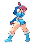  1girl aliasing blue_eyes fuuro_(pokemon) gym_leader lowres pixel_art plump poke_ball pokeball pokemon red_hair thick_legs wide_hips 
