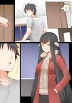  1boy 1girl black_hair coat comic doorbell earmuffs faceless faceless_male fate/grand_order fate_(series) fujimaru_ritsuka_(male) fur-trimmed_jacket fur_trim ginhaha hands_in_pockets jacket long_hair red_coat semiramis_(fate) silent_comic very_long_hair yellow_eyes 