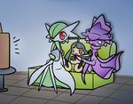  bag concave couch food gardevoir green_hair hat mawile mismagius no_humans pokemon potato_chips scared sitting tears television tv witch witch_hat 