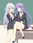  :d alternate_costume bare_legs black_heart blue_eyes braid breasts cleavage collarbone colored_eyelashes dogoo ears green_eyes large_breasts legs long_hair looking_at_viewer minagi multiple_girls neptune_(series) open_mouth pen purple_hair purple_heart silver_hair sitting smile symbol-shaped_pupils twin_braids very_long_hair white_hair 