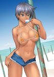  abs bang-you bare_shoulders beach bikini bikini_top black_hair blue_eyes blue_sky breasts cleavage collarbone contrapposto cutoffs dark_skin day denim denim_shorts fingernails food highres large_breasts looking_at_viewer micro_bikini navel open_fly original outdoors popsicle short_hair short_shorts shorts skindentation sky solo standing string_bikini swimsuit tan toned tongue unbuttoned unzipped 