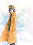  belt belt_pouch black_eyes black_hair cloud formal fur_hat goggles goggles_on_headwear hat kino kino_no_tabi looking_back maroko paint_(medium) pouch reverse_trap short_hair sky solo suit traditional_media trench_coat wind 