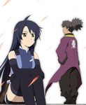  1boy 1girl bare_shoulders blue_hair breasts casey_(tov) coat detached_sleeves green_eyes grey_hair pants raven raven_(tov) shoes tales_of_(series) tales_of_vesperia thighhighs 