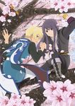  black_eyes black_hair blonde_hair blue_eyes boots cherry_blossoms coat flynn_scifo fuzuki_yuu holding_hands long_hair male_focus multiple_boys official_style pants shirt squatting tales_of_(series) tales_of_vesperia tree yuri_lowell 