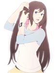  adjusting_hair blue_eyes bow brown_hair cowboy_shot image_sample long_hair mei_(pokemon) mushisotisis pantyhose pokemon pokemon_(game) pokemon_bw2 raglan_sleeves simple_background solo swimsuit swimsuit_under_clothes tumblr_sample 